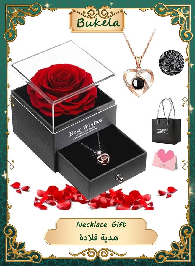 Bukela Preserved Flowers with Necklace Gift Box - Forever Red Rose with I Love You Necklace for Mom/Daughter/Girlfriend/Wife on Anniversary/Wedding/Birthday/Birthday (Red) - Image 1